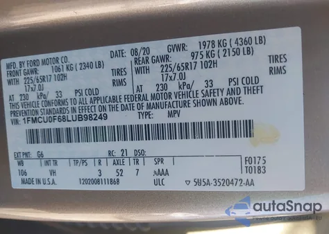 2020 Ford Escape S from USA, damaged, VIN 1FMCU0F68LUB98249